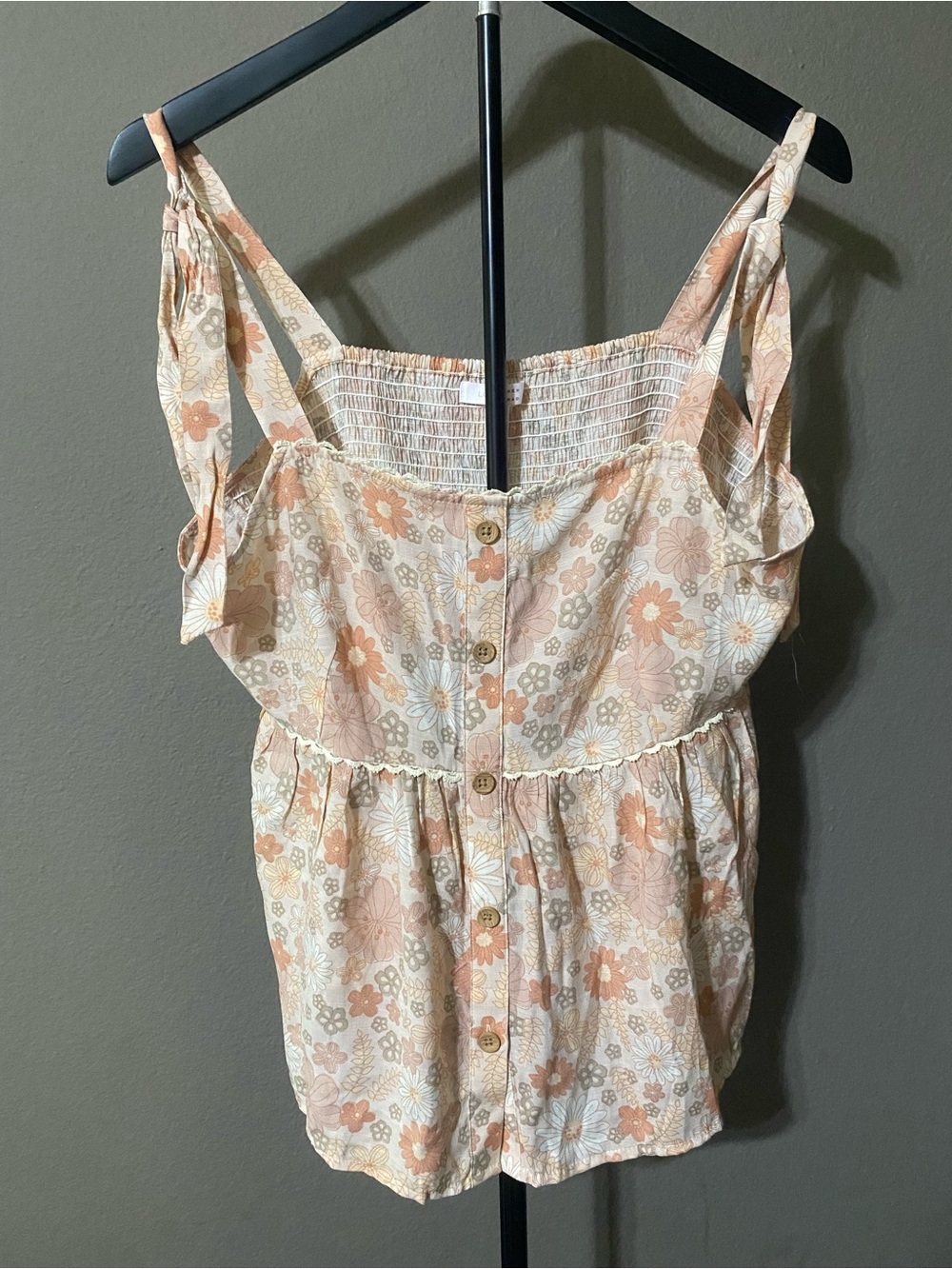 LC Lauren Conrad Floral Tank Top Women’s Large Peach Smocked Tie Strap Boho
